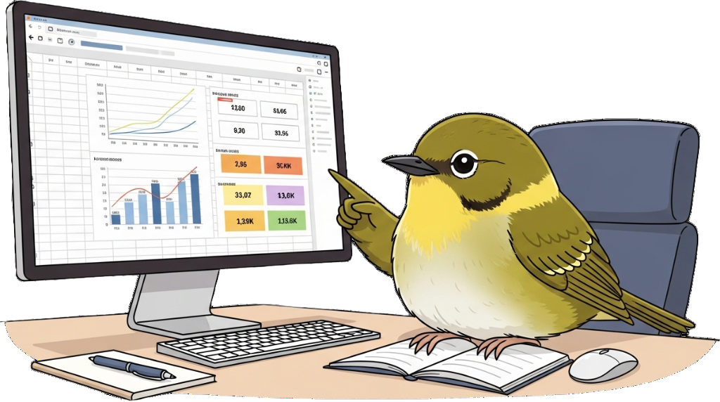 パソコンでグラフを指さすうぐいすのイラスト