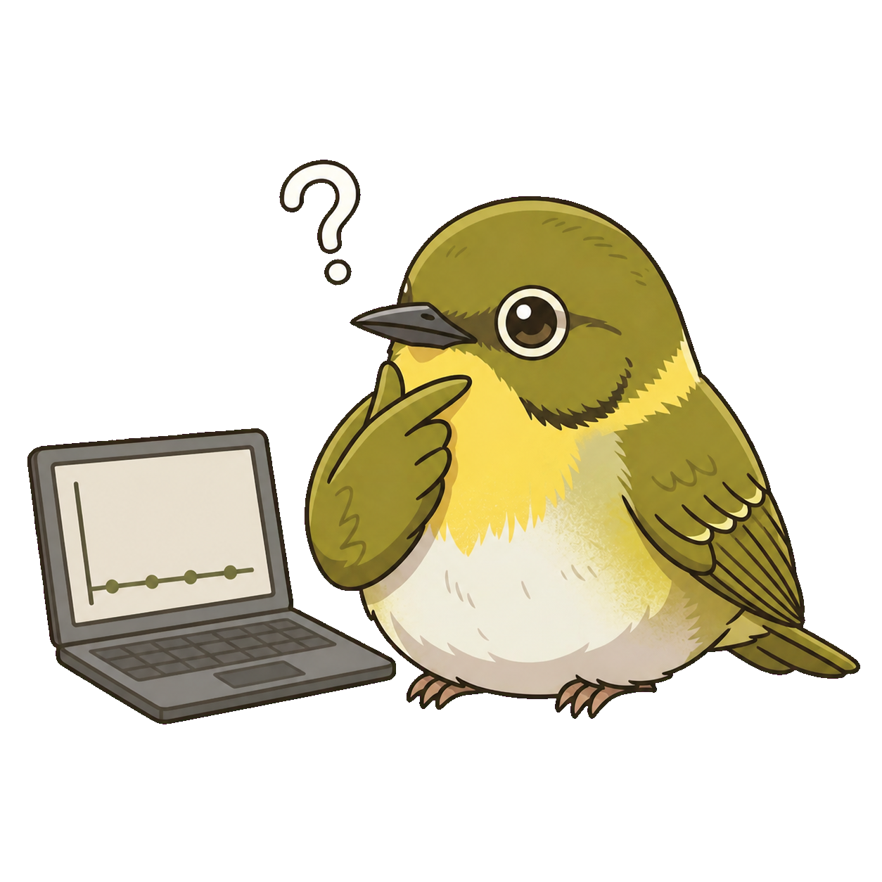 パソコンを見ながら悩んでいるうぐいすのイラスト